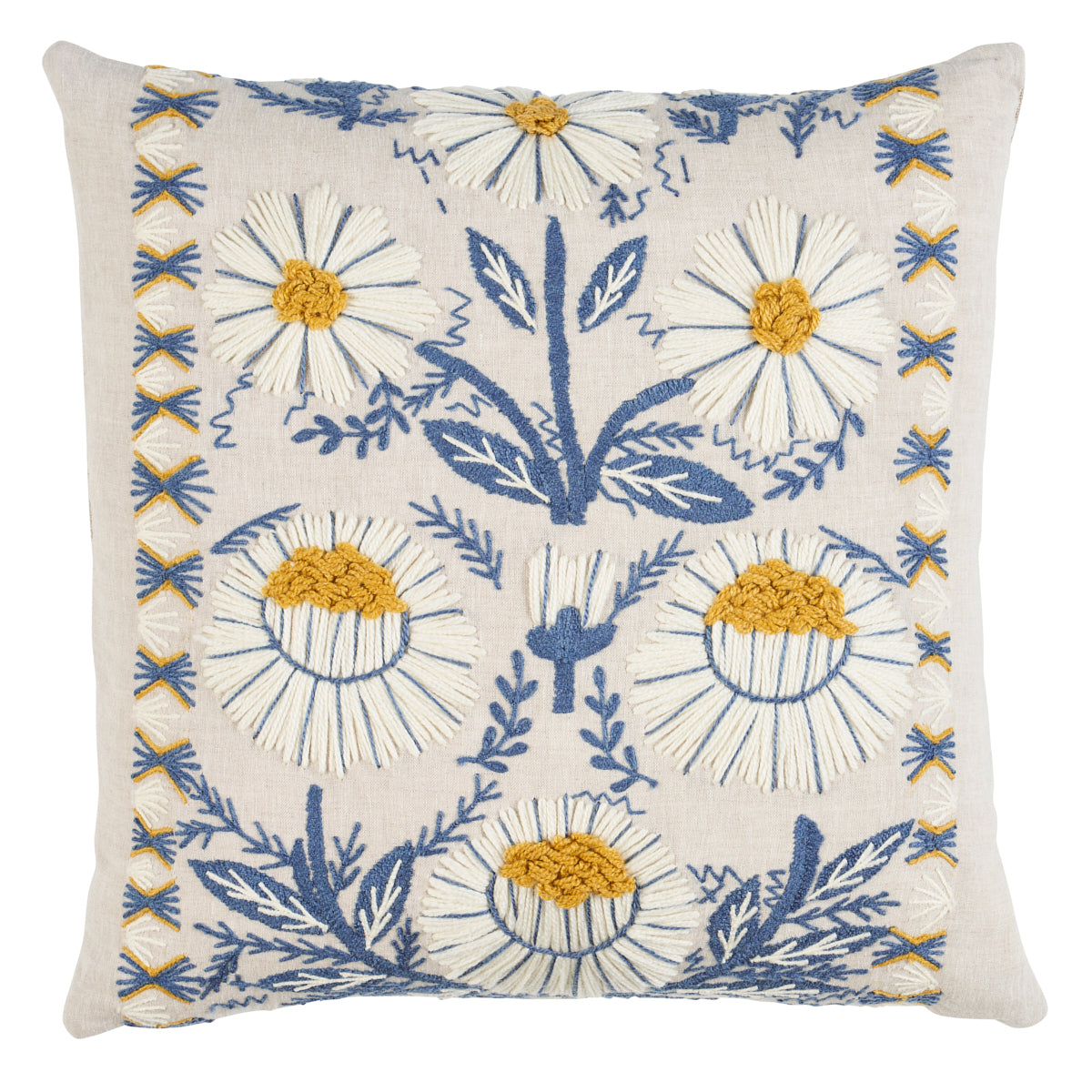 Marguerite Embroidery Pillow | Blue & Ochre