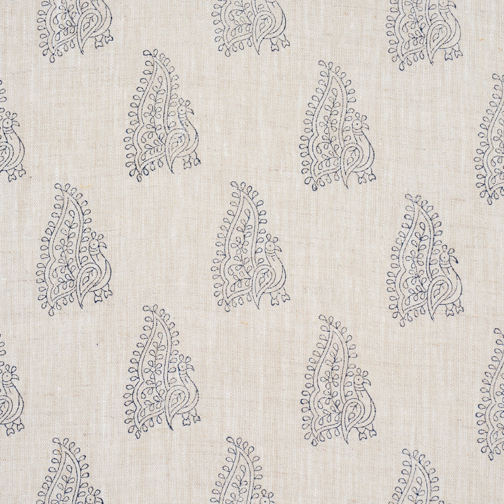 PEACOCK LINEN HAND BLOCKED PRINT | Navy & Flax
