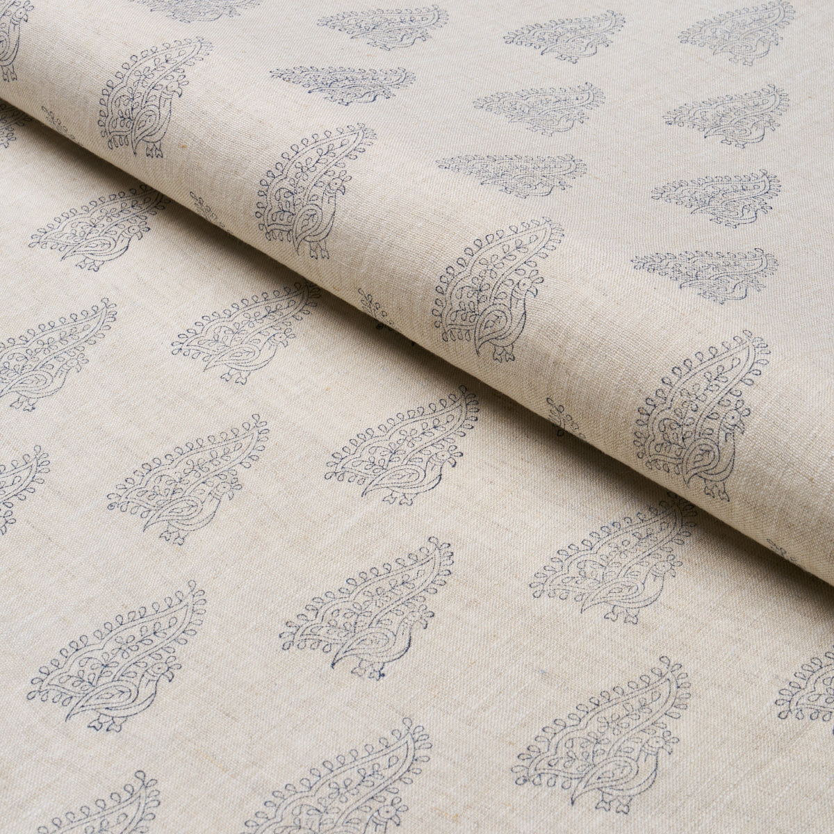 PEACOCK LINEN HAND BLOCKED PRINT | Navy & Flax