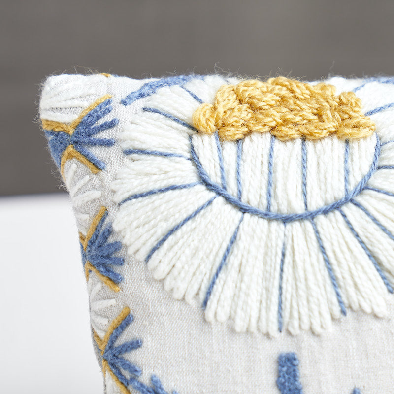 Marguerite Embroidery Pillow B | Blue & Ochre