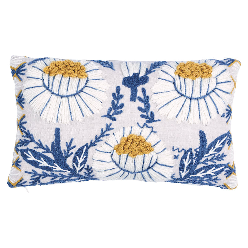 Marguerite Embroidery Pillow B | Blue & Ochre