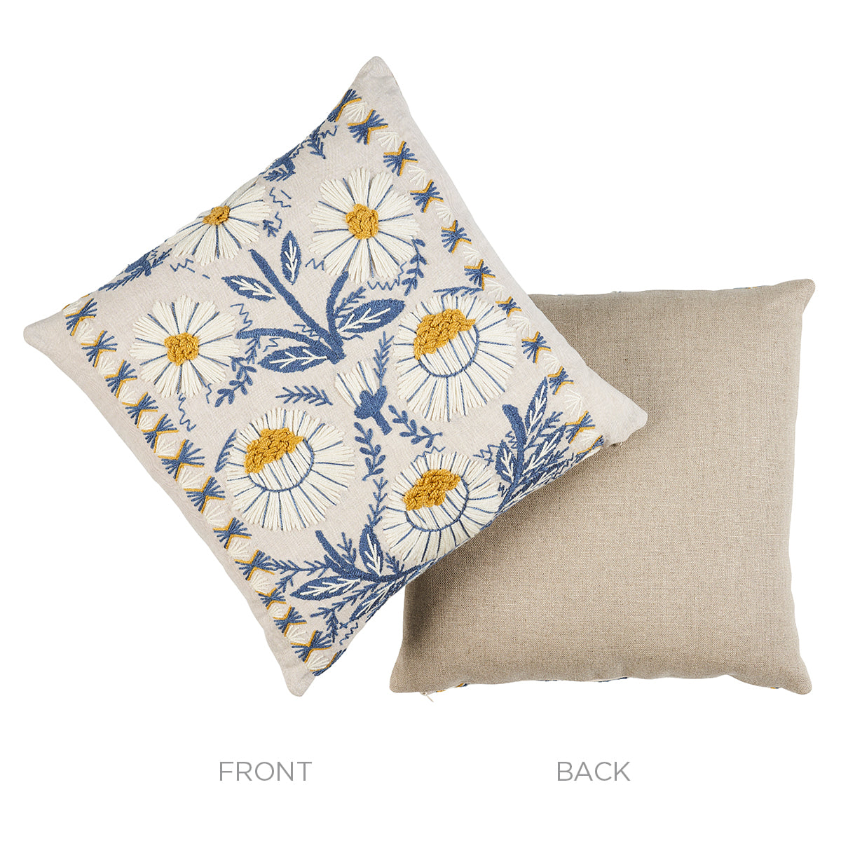 Marguerite Embroidery Pillow | Blue & Ochre