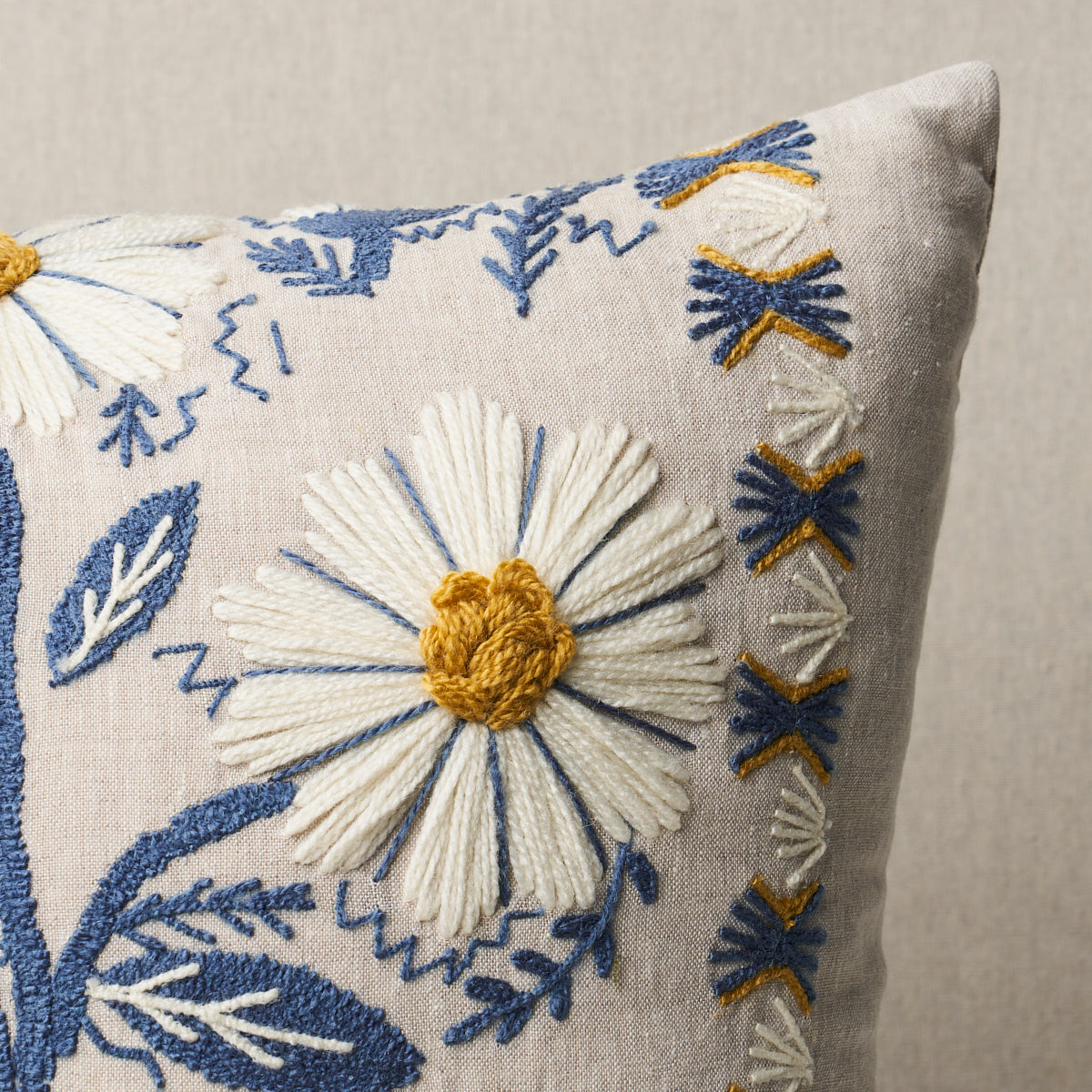 Marguerite Embroidery Pillow | Blue & Ochre